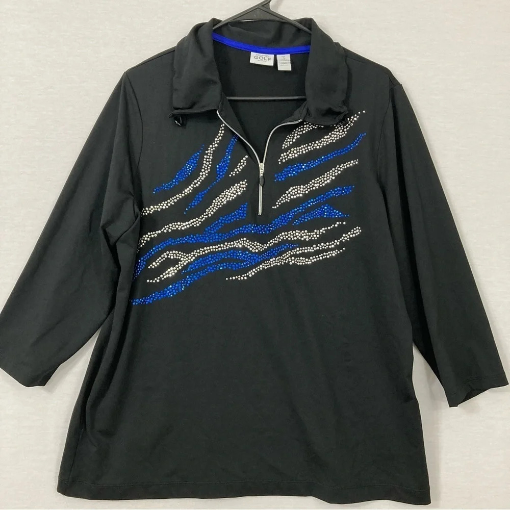 Chico's Black Top with Blue and Silver Stud Detail